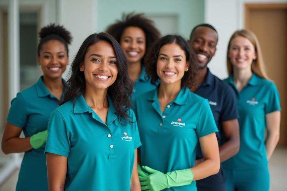 Pristine Property Services team members in uniform, smiling and ready to work.