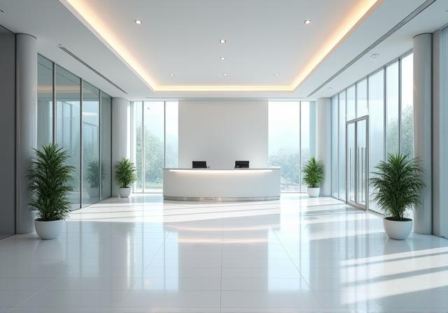 Clean and organized corporate lobby area.