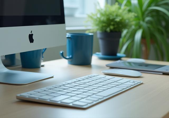 Neat and clean office desk with computer and plants.